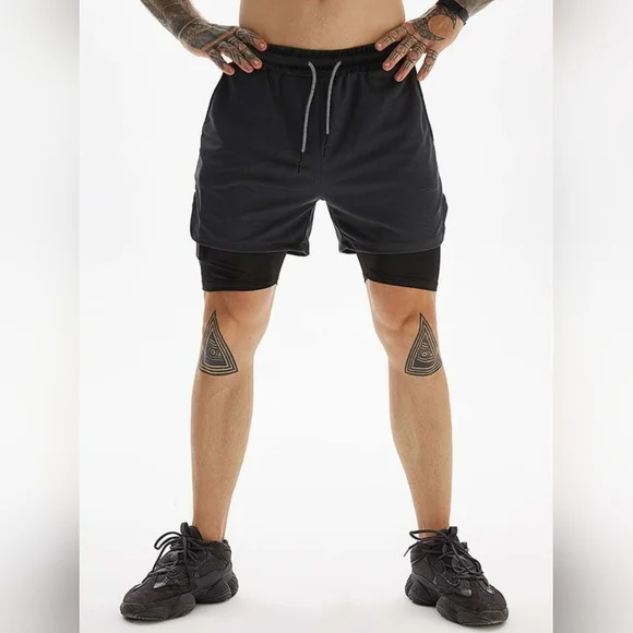 Shein Running Men Drawstring Waist 2 In 1 Sports Shorts With Phone Pocket L - Picture 1 of 4